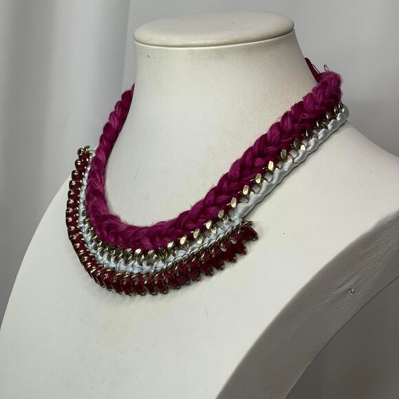 LOFT Ann Taylor statement necklace bohemian boho raspberry pink gray gold tone - Picture 11 of 15